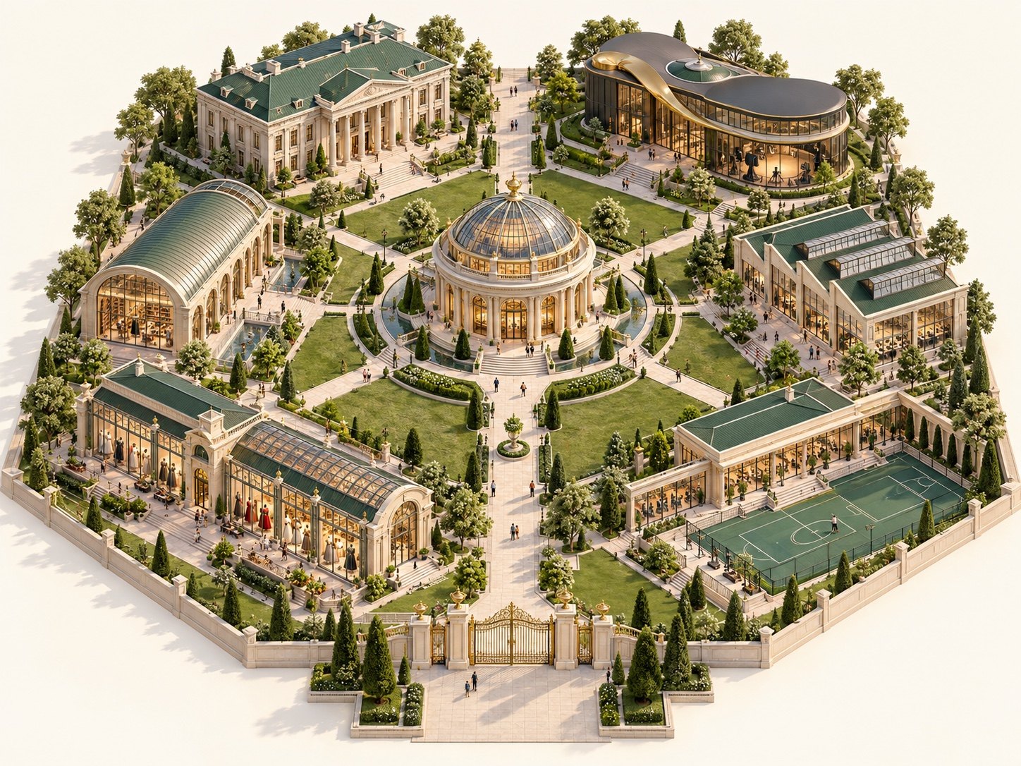 Isometric view of the OTASLUX University campus with six distinct school buildings, a central rotunda and gold entrance gates